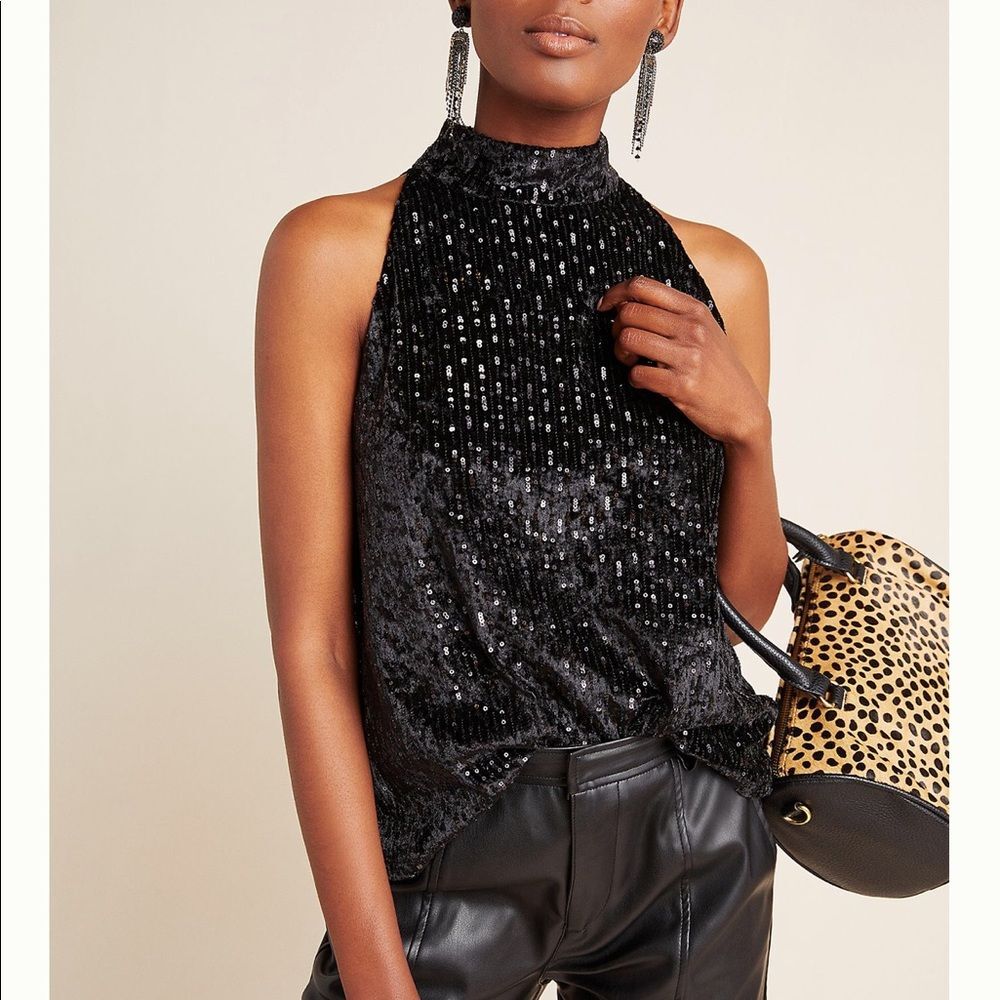 Anthropologie Black Velvet Sequined Halter Neck Sleeveless Top NWT Size XS